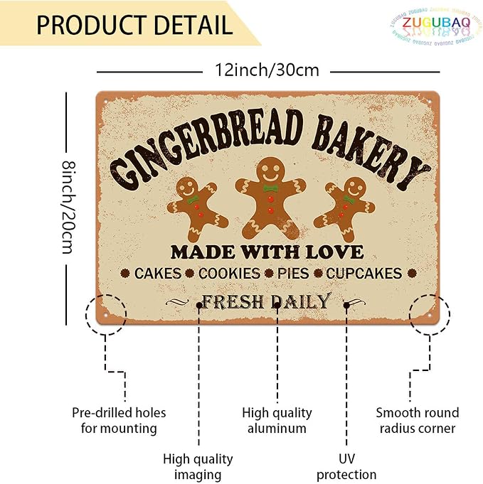 Gingerbread Bakery Made With Love Cakes Cookies Pies Cupcakes Iron Poster Painting Tin Sign Vintage Wall Decor For Home Kitchen Cafe Bar Pub Christmas Decoration Crafts 8X12 Inch - Image 2
