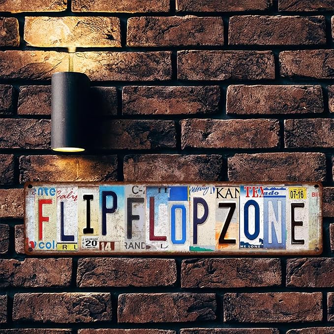 Vintage License Plate FLIP FLOP ZONE Sign – 16x4 Inch Rustic Tin Wall Décor for Beach House, Poolside, Patio, Coastal Cottage or Summer Bar - Image 5