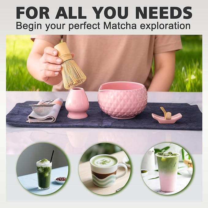 Matcha Whisk Bowl Set, 7PCS Japanese Matcha Kit with Spout Bowl Bamboo Whisk Stand Scoop Sifter Accessories for Tea Ceremony Latte, Gifts for Family,Friends