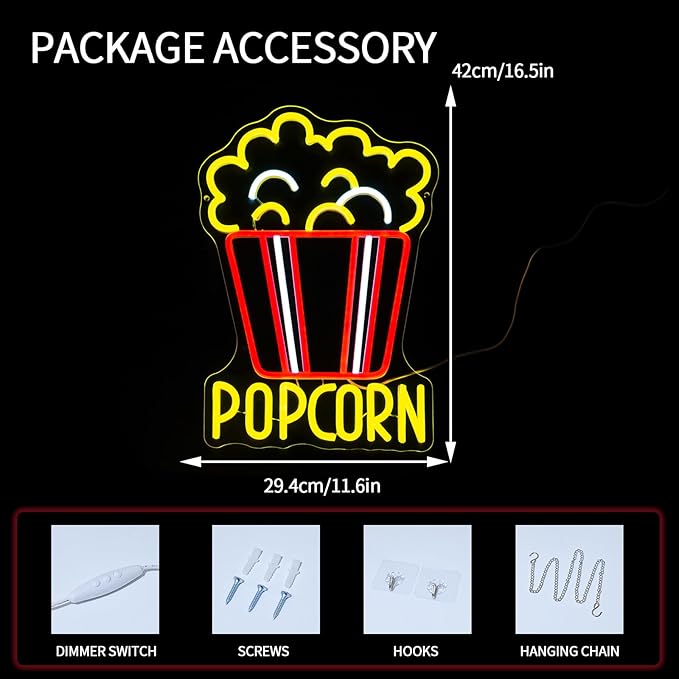 Popcorn Neon Sign for Wall Decor Dimmable Food Led Lights Signs Snacks Led Signs for Cinema Decor Neon Light for Home Cinema Snack Shop Kitchen Video Room Cafe Home Bar Party Man Cave Decor