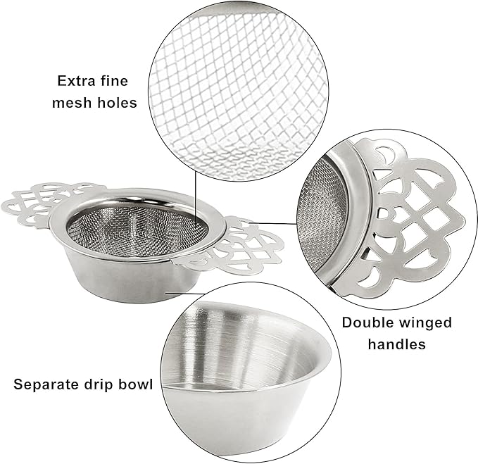 2 Pack Tea Strainers with Drip Bowls, Stainless Steel Tea Strainer Bowl Loose Leaf Tea Filter for 2.5-4 Inch Cup Mouth (Sliver)