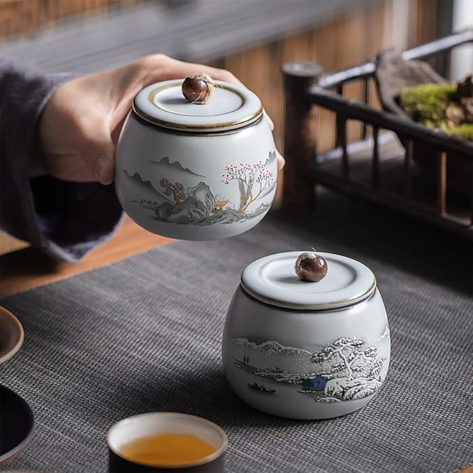 Chinese Style Ceramic Tea Caddy Tea Canister Tea Storage Container Tins Jar with Airtight Lid Wet-proof Tank for Tea, Coffee, Herb, Sugar, Spice, Nuts-Snow-6 OZ