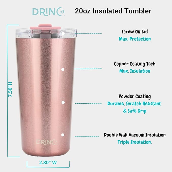 Drinco - 20 oz Stainless Steel Tumbler | Double Walled Vacuum Insulated Mug With Lid, 2 Straws, For Hot & Cold Drinks (20oz Chupa)
