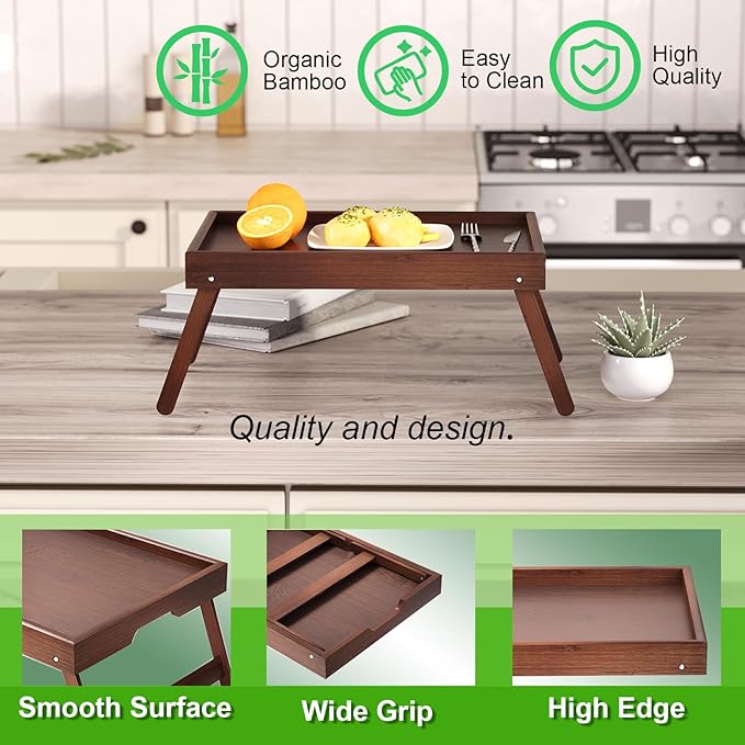 2 Pack Bamboo Bed Tray Table with Folding Legs,Breakfast Trays,Serving Tray for Food and Snack,Laptop Trays for Working(Brown)
