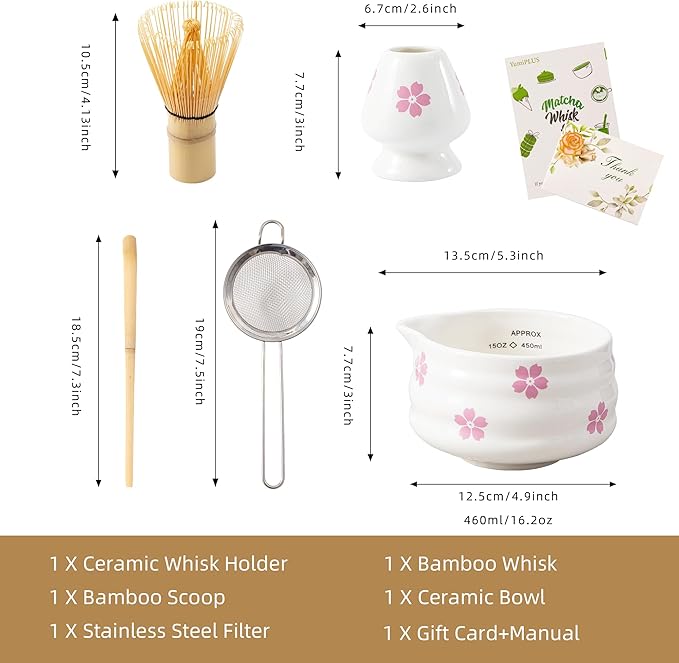 5pcs Premium Matcha Set,Ceramic Bowl with Spout and Bamboo Whisk set, Cherry Blossom Matcha Kit for breakfast/latte,Tea Starter Making Kit,Cute Matcha Gift set (sakura)