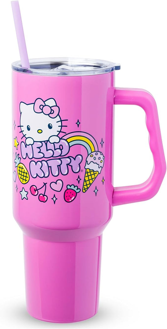Silver Buffalo Sanrio Hello Kitty Summer Double Walled Stainless Steel Tumbler with Handle, Fits in Standard Cup Holder, 40 Ounces