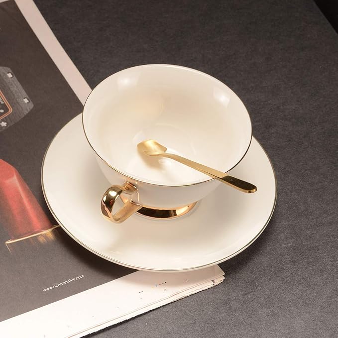 British Coffee Cup with Saucer and Spoon for Latte Americano Cups with Saucer Porcelain Tea Cups, Cups and Saucers with Gold platted rims and Handles