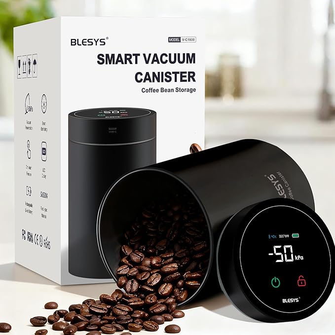 Smart Vacuum Coffee Canister, Automatic Stainless Steel Food Storage Container, LCD Monitoring, One-touch Freshness, Date Tracker, Extra-long Standby Time, Holds 20 oz Coffee Beans (Black, 1.8L)