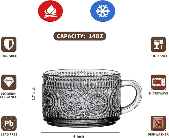 Gezzeny Vintage Glass Coffee Mugs 14 Oz Set of 2 Gray Embossed Tea Cups for Cappuccino, Latte,Cereal, Yogurt, Beverage Hot/Cold Mother's Father's Day Gifts