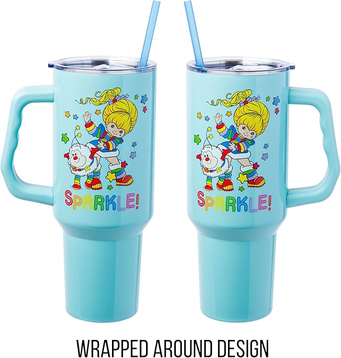 Silver Buffalo Rainbow Brite and Twink Sparkle Double Walled Stainless Steel Tumbler with Handle and Straw, Fits in Standard Cup Holder, 40 Ounces