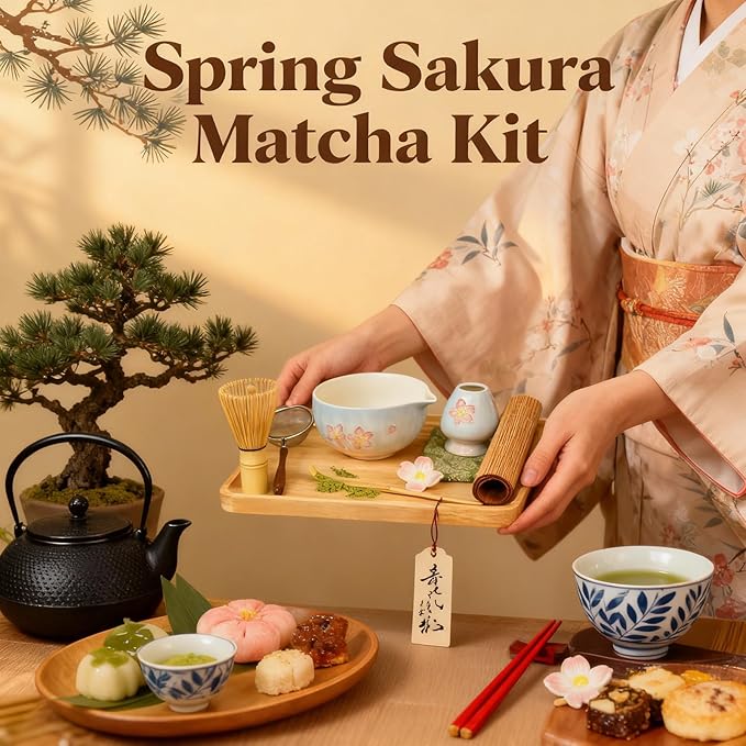 Matcha Whisk Set with Tray 8pcs, Matcha Kit includes Matcha Bowl, Matcha Whisk (Chasen), Whisk Holder, Scoop(Chashaku), Bamboo Placemat, Sifter, Tea Cloth Chakin，Blue & Pink