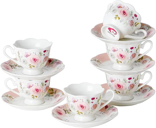 Porcelain Demitasse Set of 6 (12-Piece) - 2.5oz Espresso Cups & Saucers with Romantic Pink Floral Pattern, Dishwasher & Microwave Safe