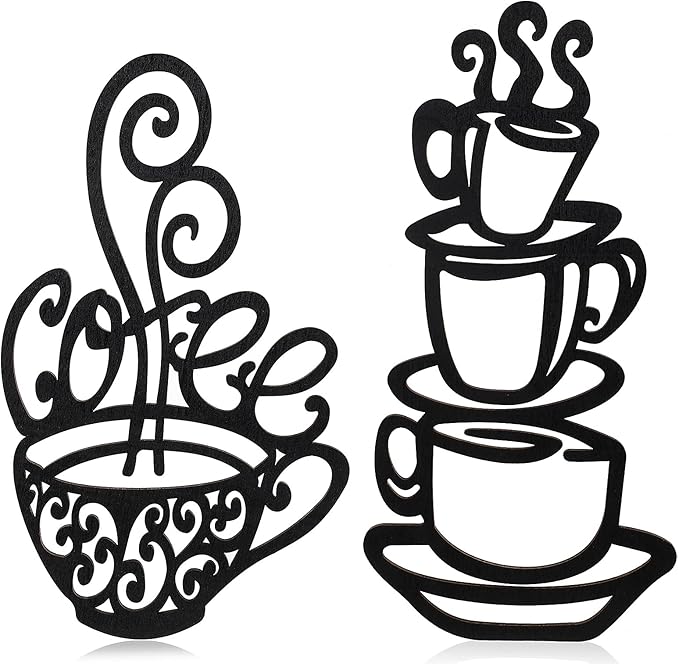 Jetec 2 Pieces Coffee Wall Decor Black Cup Silhouette Kitchen Wall Art Decor Coffee Bar Accessories