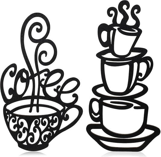 Jetec 2 Pieces Coffee Wall Decor Black Cup Silhouette Kitchen Wall Art Decor Coffee Bar Accessories