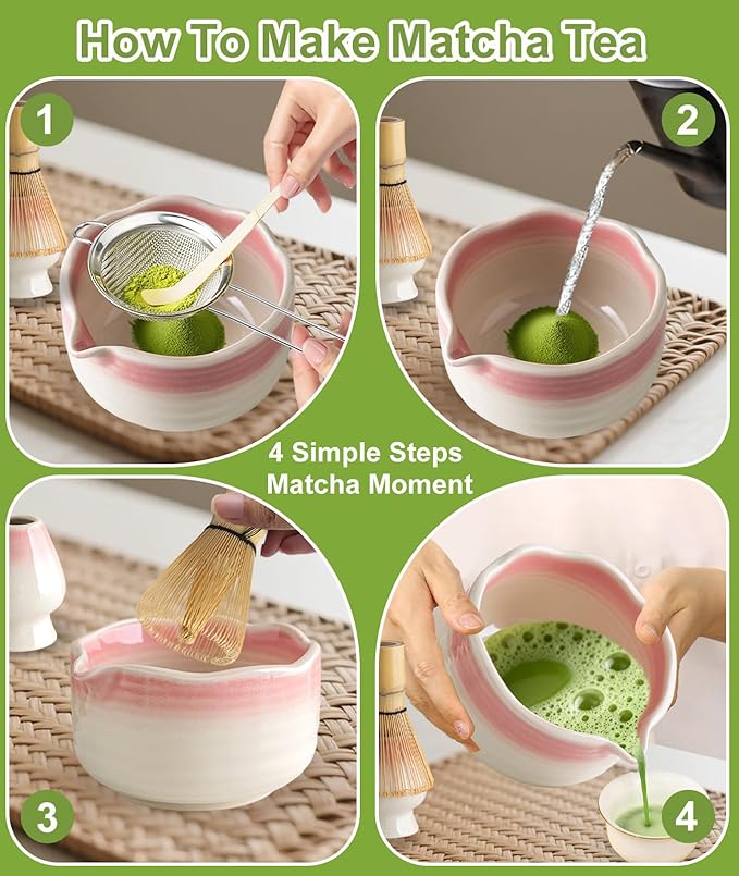 JBER Matcha Whisk Set, Ceramic Matcha Set Includes Bowl & Holder, Bamboo Whisk (Chasen), Sifter, Scoop, Spoon & Rest - 7PCS Matcha Kit Gift for Matcha Lovers & Beginners, Gradient Pink