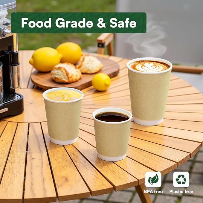 12 oz Compostable Coffee Cups 120 Pack, BPI Certified Double Wall Insulated Hot Cups, PLA Coated Natural Kraft Paper Cups for Office, Coffee Bar & Travel