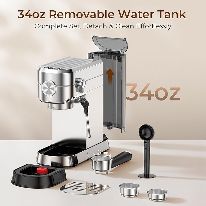 Kndko Espresso Machine, 20 Bar Espresso Maker with Milk Frother, Compact Stainless Steel Coffee Machine with 34oz Removable Water Tank for Cappuccino, Latte