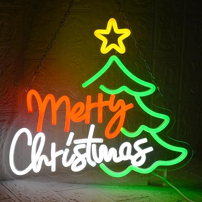Merry Christmas Neon Sign for Wall Decor, Dimmable Christmas Tree Neon Signs LED Light up Sign with USB Powered for Bar Man Cave Club Party Room Shop Window Bedroom Decor Gifts