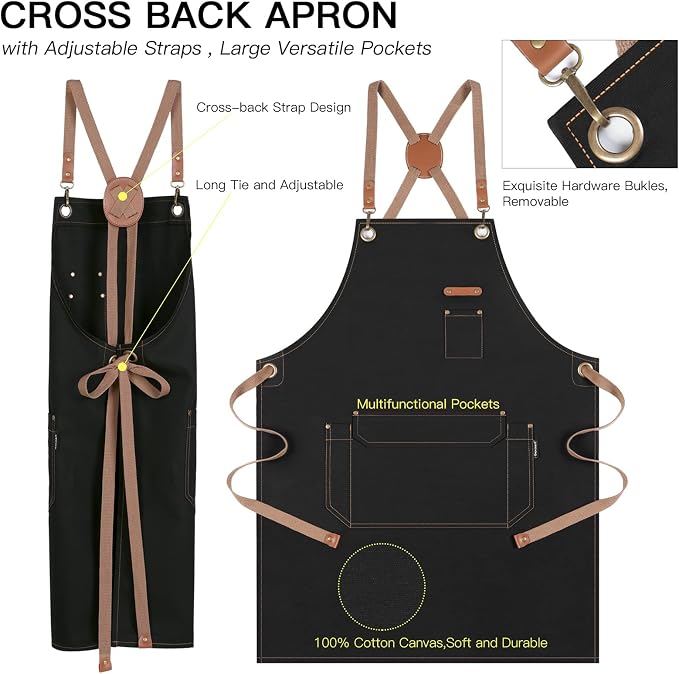 Chef Apron with Cross Back Straps for Men Women, Cotton Canvas Apron for Artists Painting, Kitchen Cooking - Image 2