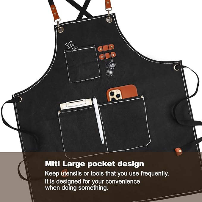 APRONPANDA Cross-Back Chef Aprons for Men Women with Pockets,Cotton Canvas Adjustable Cooking Work Apron for Kitchen