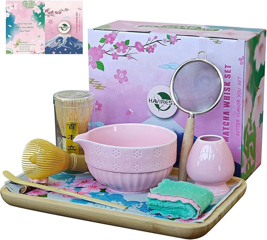 HAVIREST 10 pcs Matcha Whisk Set, Ceramic Bowl and Whisk Stand Spoon Holder Sifter Mat Towel, Japanese Ceremonial Grade Macha Tea Tools Kit, Gift for Women Match Starter Lover (Pink)
