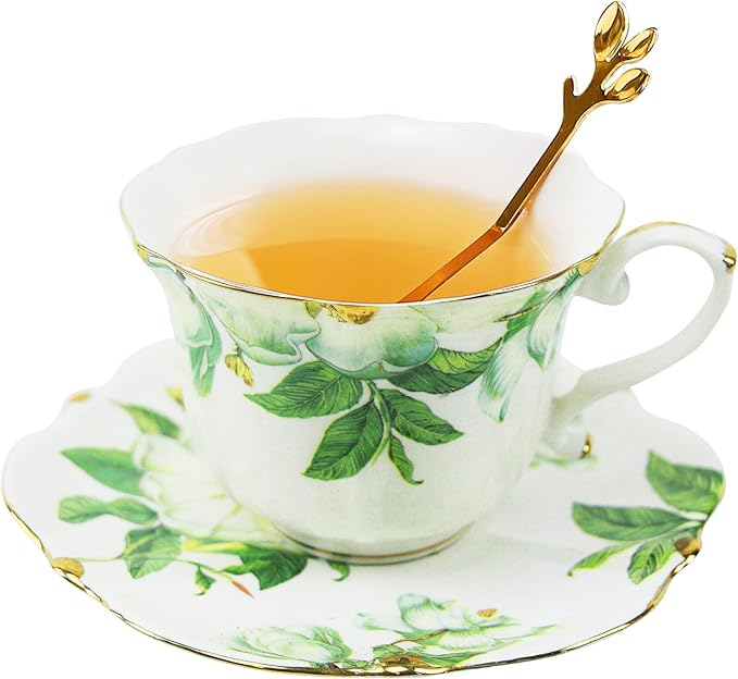 Country Roses Porcelain Tea Cup and Saucer Set with Gold Trim, Vintage Style, For Women and Tea Parties (1, Green)