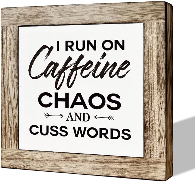 Modern Farmhouse Coffee Decor, White & Brown Wooden Box Sign, 5.9x5.9x0.7 Inch, I Run On Caffeine Chaos And Cuss Words by MLTEye