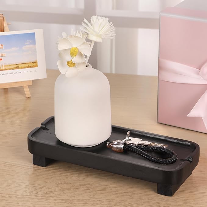 Wood Riser Small Decorative Tray Sink Soap Dish, Vanity Tray Pedestal Stand 8.7 x 3.6 inches (Black)