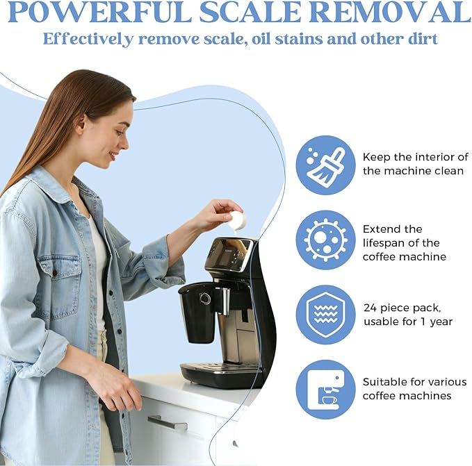 24 Pack Coffee Maker Cleaner Descaler Tablets, Deep Cleaning for Coffee Pot & Coffe Machine, Compatible With Keurig, Nespresso, Ninja, Philips, Miele, Breville, DeLonghi, Espresso & Drip Machines