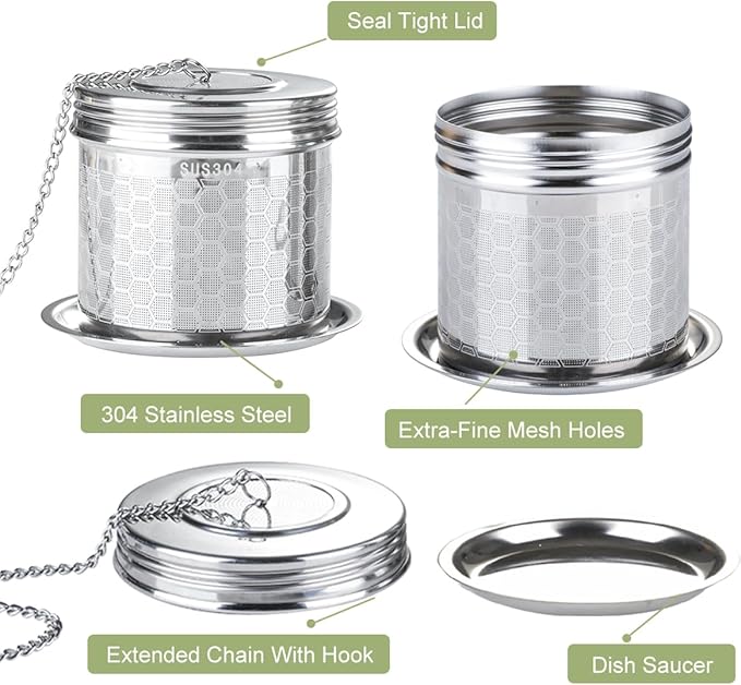 Tea Infuser Tea Strainer for Loose Tea, Stainless Steel Tea Ball with Chain Hook and Drip Tray, Extra Fine Mesh Tea Filter for Brew Tea, Spices & Seasonings (1Pack，2.95in）