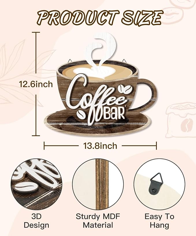 Putuo Decor Coffee Bar Wall Art, Double-Layer Coffee Cup Sign with Hook, Rustic Wall Decor for Kitchen, Living Room, Hotel, Vintage Farmhouse Decoration for Latte Lover (Brown)