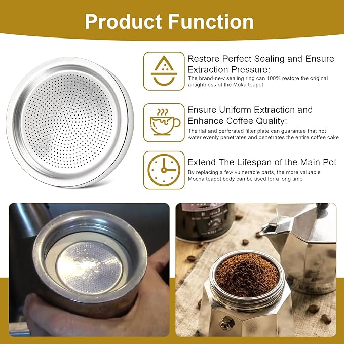 Moka Pot Spare Parts Replacement for Bialetti 9 Cup, Moka Pot 9 Cup Silicone Gasket and Food-grade Aluminum Filter Plate Compatible with Moka Express/Moka Induction/Venus, 6 Pcs Gasket and 2 Plate.