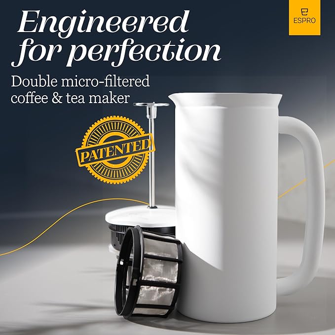 ESPRO P7 French Press Stainless Steel 304 – Patented Double Walled Micro-Filter Insulated French Press Coffee Maker, Grit-Free Brew - Heat Resistant BPA Free - Matte White (18oz)