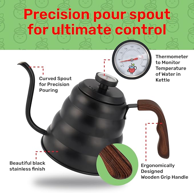 Black Japanese Gooseneck Kettle Stovetop with Thermometer and Insulated Handle (4-piece, 40.6 oz /1200ml), Stainless Steel Pour Over Tea Stovetop Kettle, Precision Pour Kettles Pot