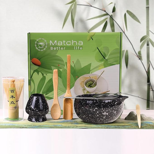 8 Pcs Matcha Whisk Set Chasen Matcha Whisk Bamboo Bowl with Spout Sifter Spoon Scoop Whisk Holder Bamboo Mat Complete Matcha Making Kit (9pcs-black)