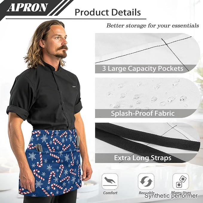 Waist Apron with 3 Pockets Waterproof 13 Inch Short Half Waist Aprons Women Men Server Aprons Waitress Waiter Apron - Image 6