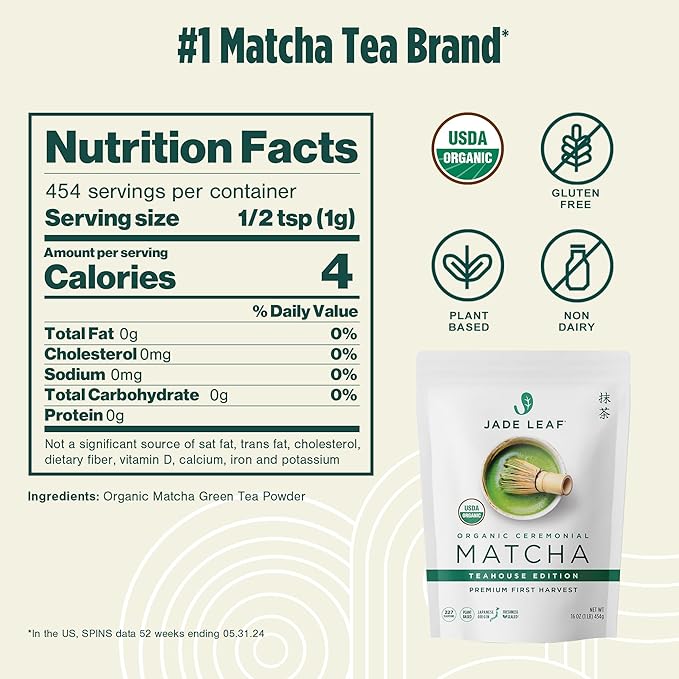 Jade Leaf Matcha Organic Ceremonial Grade Matcha Green Tea Powder - 100% Pure Japanese First Harvest Green Tea for Ceremonies, Usucha, Lattes 454g / 16 Ounce Bulk Pouch (Pack of 1)