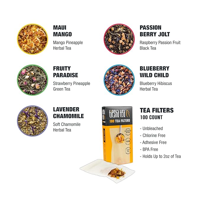Tiesta Tea Premium Starter Loose Leaf Sampler Kit - Classic Tea Blends, High to Non Caffeinated, Hot & Iced Brews, Starter Set with Black, Green, Herbal Sample Bags and 100 Disposable Tea Filters