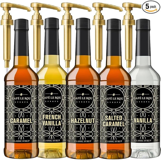 Café Le Rou Coffee Syrup Variety 5-Pack- 25.4 oz Vanilla, French Vanilla, Caramel, Salted Caramel, Hazelnut, *Includes 5 Syrup Pumps*, Flavoring Syrup for Coffee, Tea and Espresso