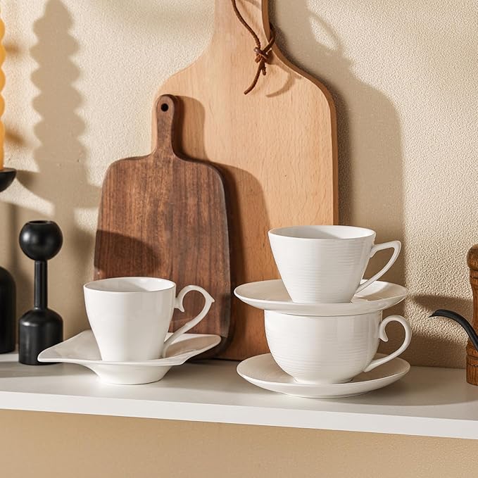 4pcs White Coffee Cups with Saucers, 10oz Ceramic Cappuccino Cups, Microwave & Dishwasher Safe, for Home, Cafe