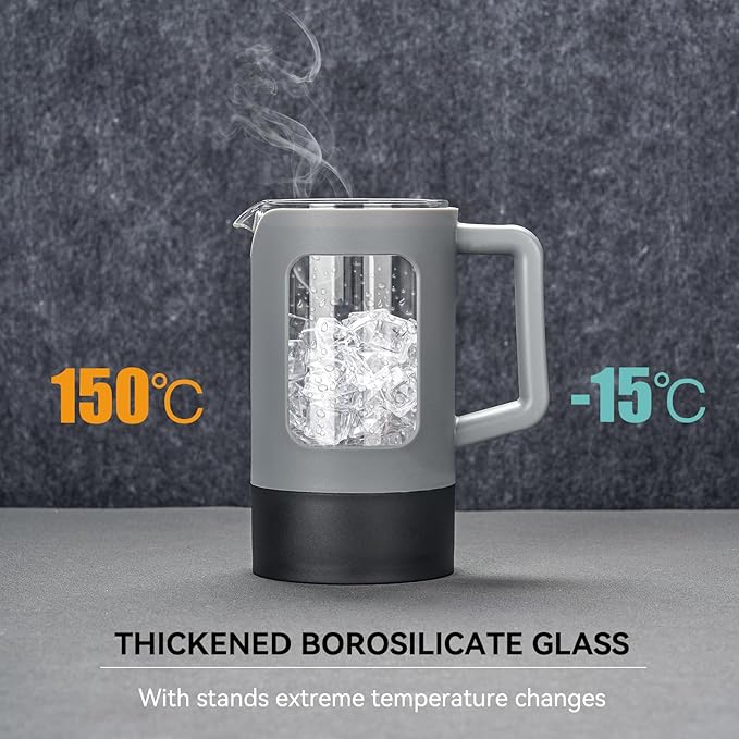 YOLIFE French Press Coffee Maker (12 oz), Camping Mini Coffee Press, Single Cup French Press, Heat-resistant Borosilicate Glass, Portable for Travel, Grey and Black