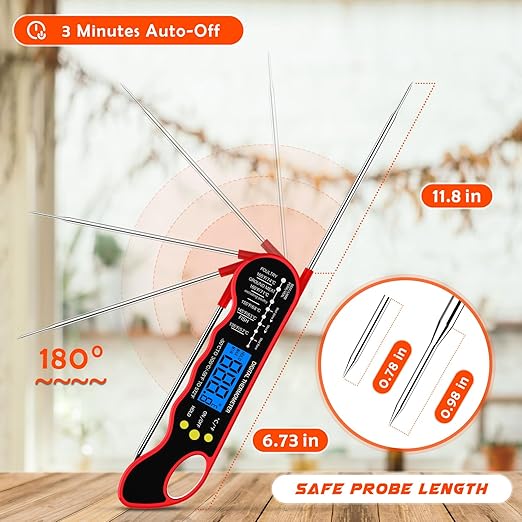 Instant Read Meat Thermometer, Fast & Accurate Digital Food Thermometer with Backlight, Waterproof & Magnet for Grilling, Cooking, BBQ, Smoker, Baking, and Candy Making Red
