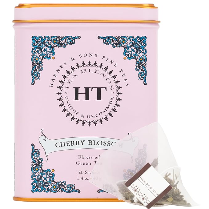 Harney & Sons Caffeinated Blossom Green Tea Tin Sachets Pink 31629, Cherry, 20 Count (Pack of 1)