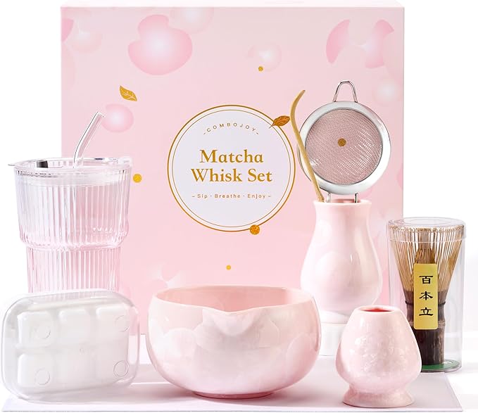 Matcha Whisk Set – Crystalline Glaze Bowl, Bamboo Whisk & Holder, Scoop & Sifter with Holder, Cup with Lid & Straw, Ice Cube Tray & Tea Towel – Pink Matcha Gift Set for Women, Women Gifts