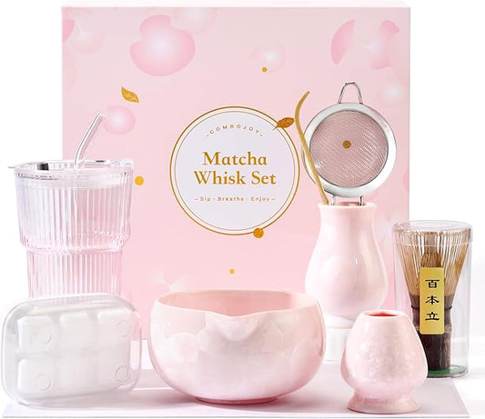 Matcha Whisk Set – Crystalline Glaze Bowl, Bamboo Whisk & Holder, Scoop & Sifter with Holder, Cup with Lid & Straw, Ice Cube Tray & Tea Towel – Pink Matcha Gift Set for Women, Women Gifts