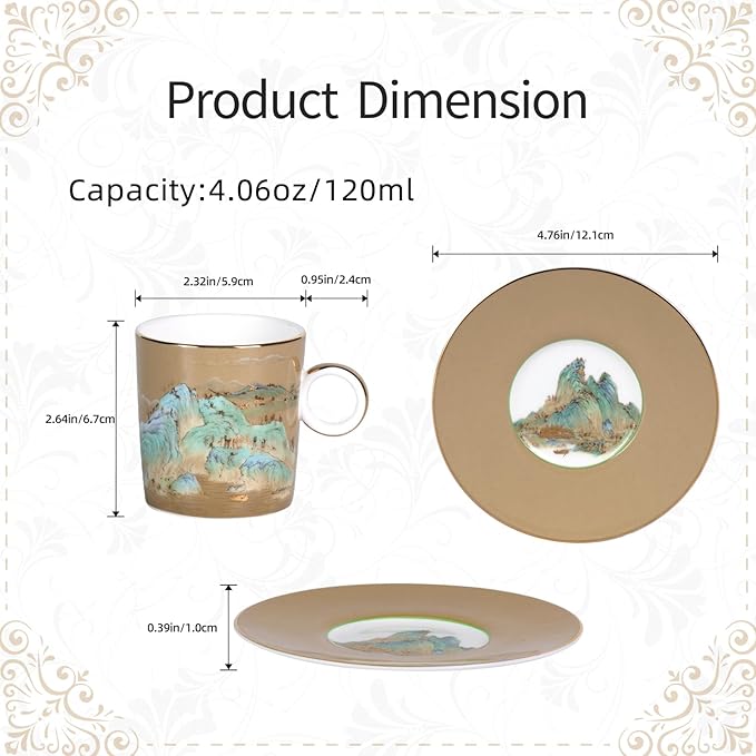 KAMMAK Tea Cups and Saucers Set of 2, Fine Bone China Coffee Cups, Stackable Espresso Mugs, Ceramic Demitasse for Coffee, Cappuccino, Latte, Americano, Tea, Small - River and Mountains