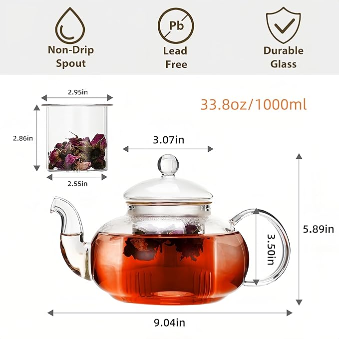 CnGlass 33.8oz Glass Teapot with Removable Infuser,Stovetop Safe Tea Kettle with Glass Tea Warmer 5.3 in/13.5cm Diameter