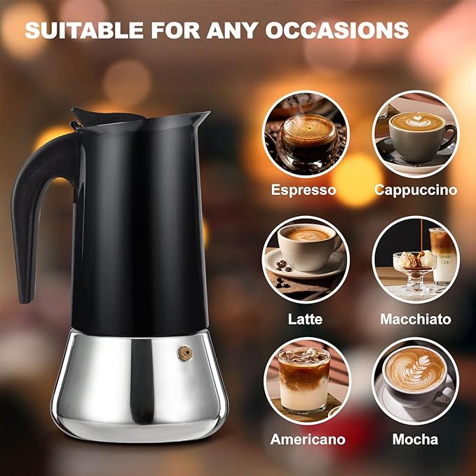 6 Cup Stovetop Espresso Maker Stainless Steel Moka Pot Stove Top Percolator Italian Coffee Makers Capable Mocha Greca Machine Cafe Classic Induction Cookers for Home and Camping 300ml 10oz