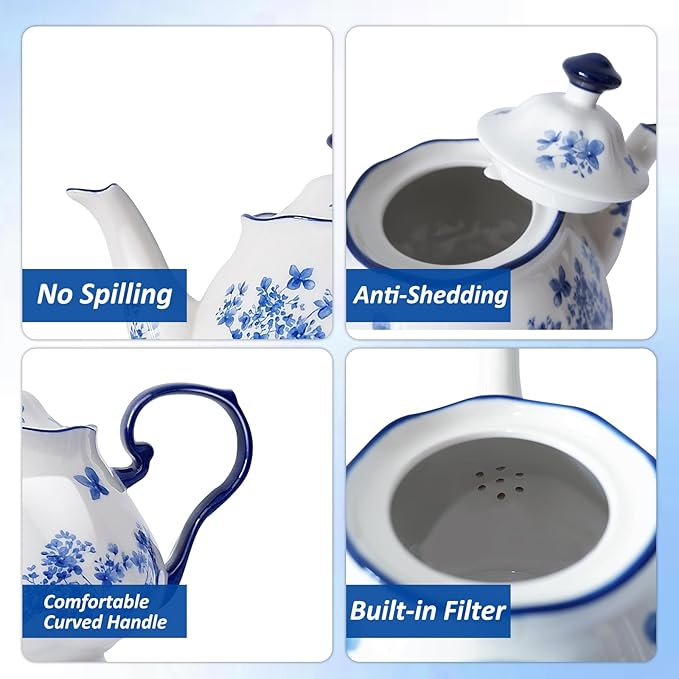 Bone China European Style Floral Ceramic Teapot - 45oz, Perfect for Tea Sets, Loose Tea, and Parties