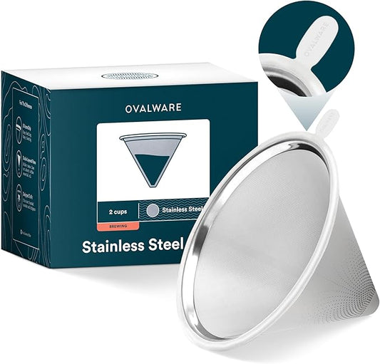 OVALWARE UPGRADED Paperless Stainless Steel Pour Over Coffee Filter – Reusable Permanent Coffee Cone Dripper with Silicone Safety Tab for Easy Removal, Fits Ovalware, Chemex, Hario & Other Carafes